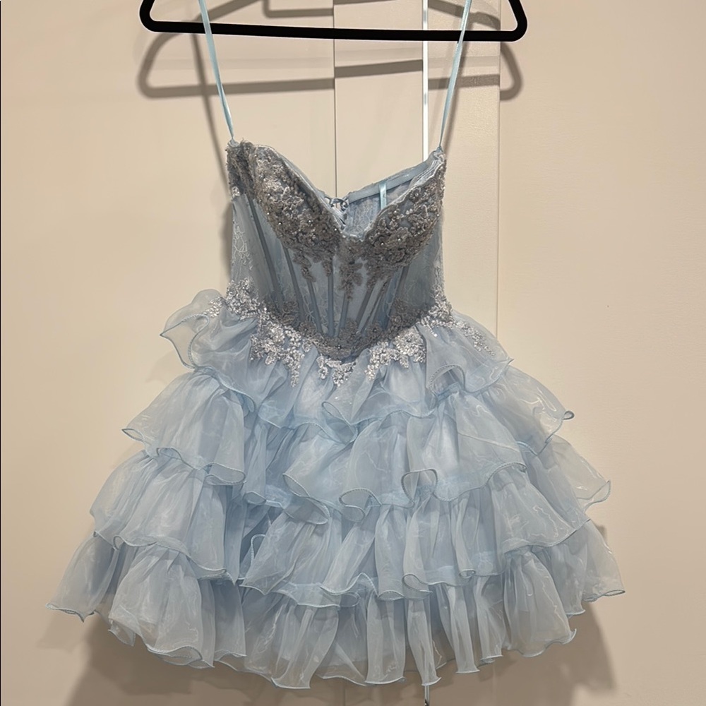 Light Blue Strapless Ruffled Dress